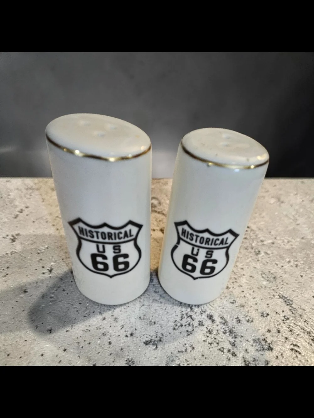US 66 Porcelain Salt & Pepper Set with Gold Trim